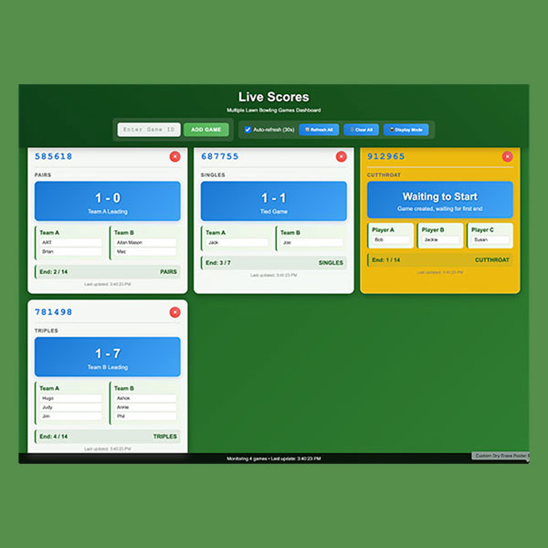 Multiple lawn bowls games displayed together