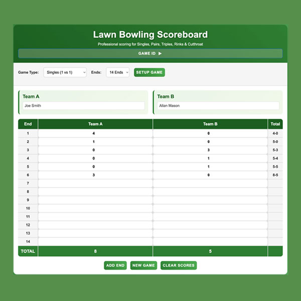 Bowls Live Score scorekeeper screen